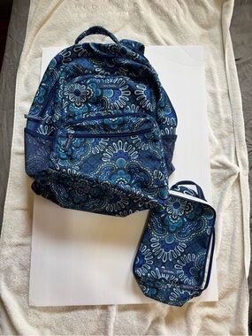 Vera Bradley Navy and Teal Floral Quilted Backpack with Lunch Bag
